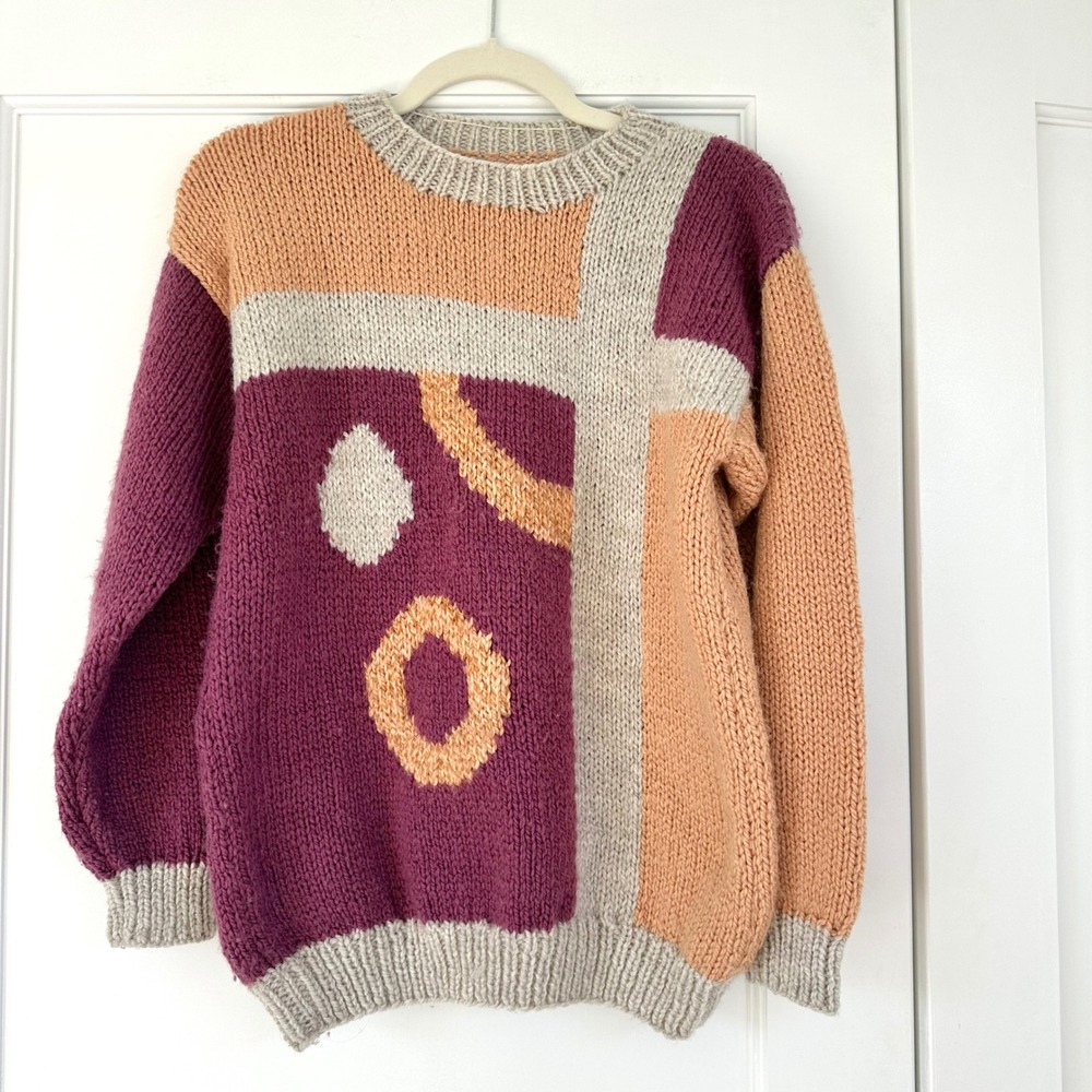 Vintage Color Block Knit Sweater Pullover Abstract Pattern 80s 90s‎